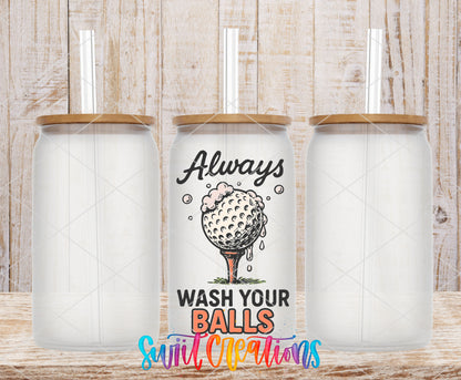 Always Wash Your Balls UV DTF transfer on frosted glass cans with bamboo lids