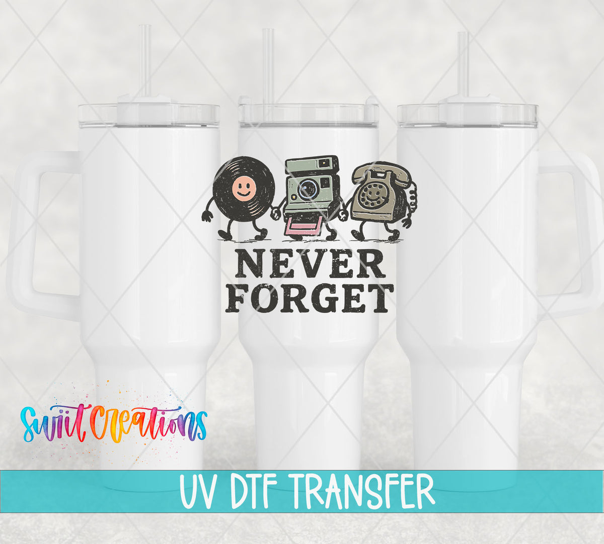 Never Forget UV DTF transfer on white 40 oz tumblers