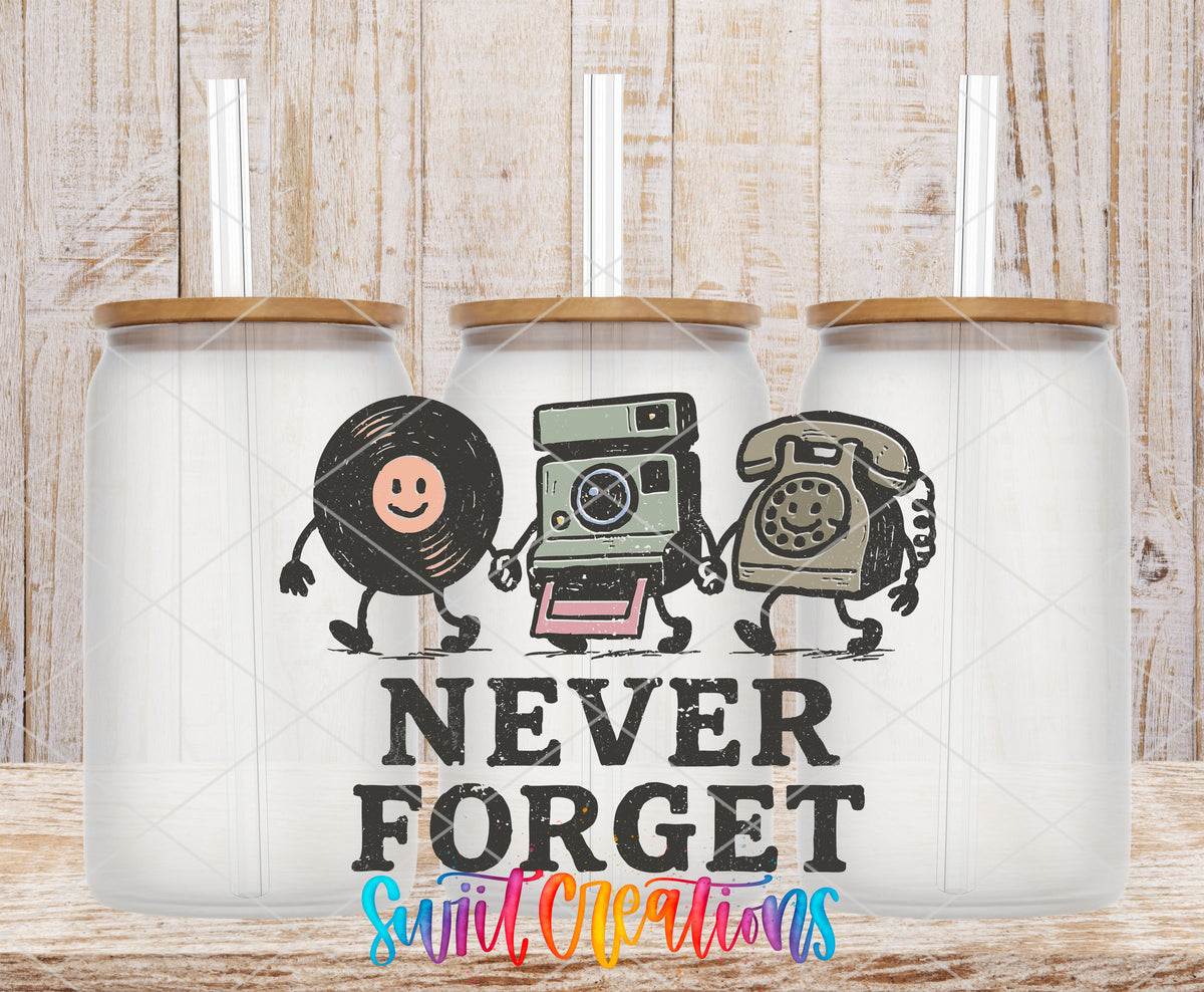 Never Forget UV DTF transfer on frosted glass cans with bamboo lids