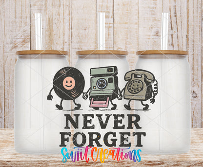 Never Forget UV DTF transfer on frosted glass cans with bamboo lids