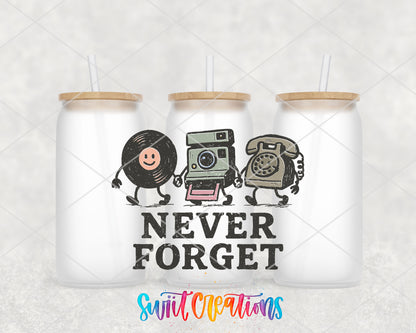 Never Forget UV DTF transfer on frosted glass cans with straws