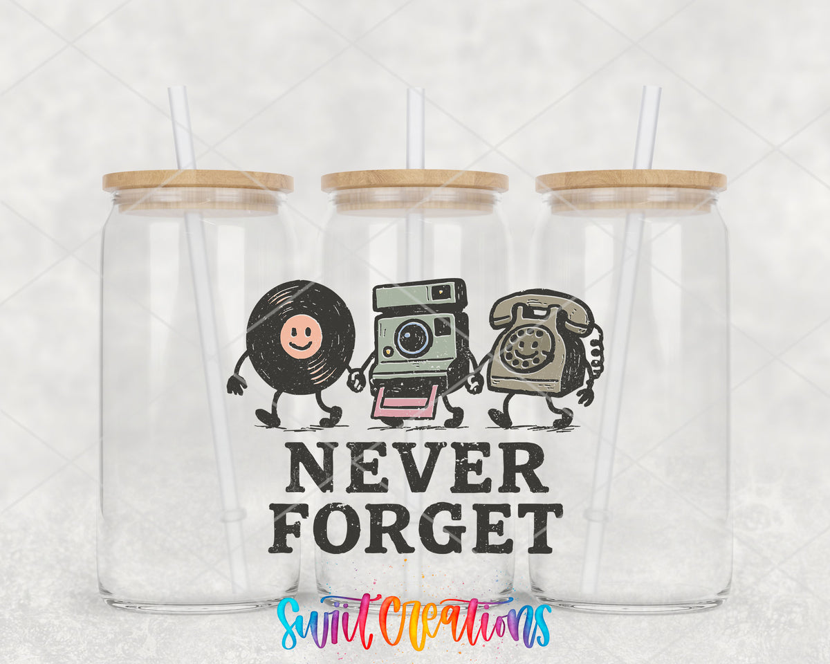 Never Forget UV DTF transfer on clear glass cans with bamboo lids and straws