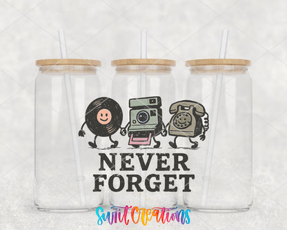 Never Forget UV DTF transfer on clear glass cans with bamboo lids and straws