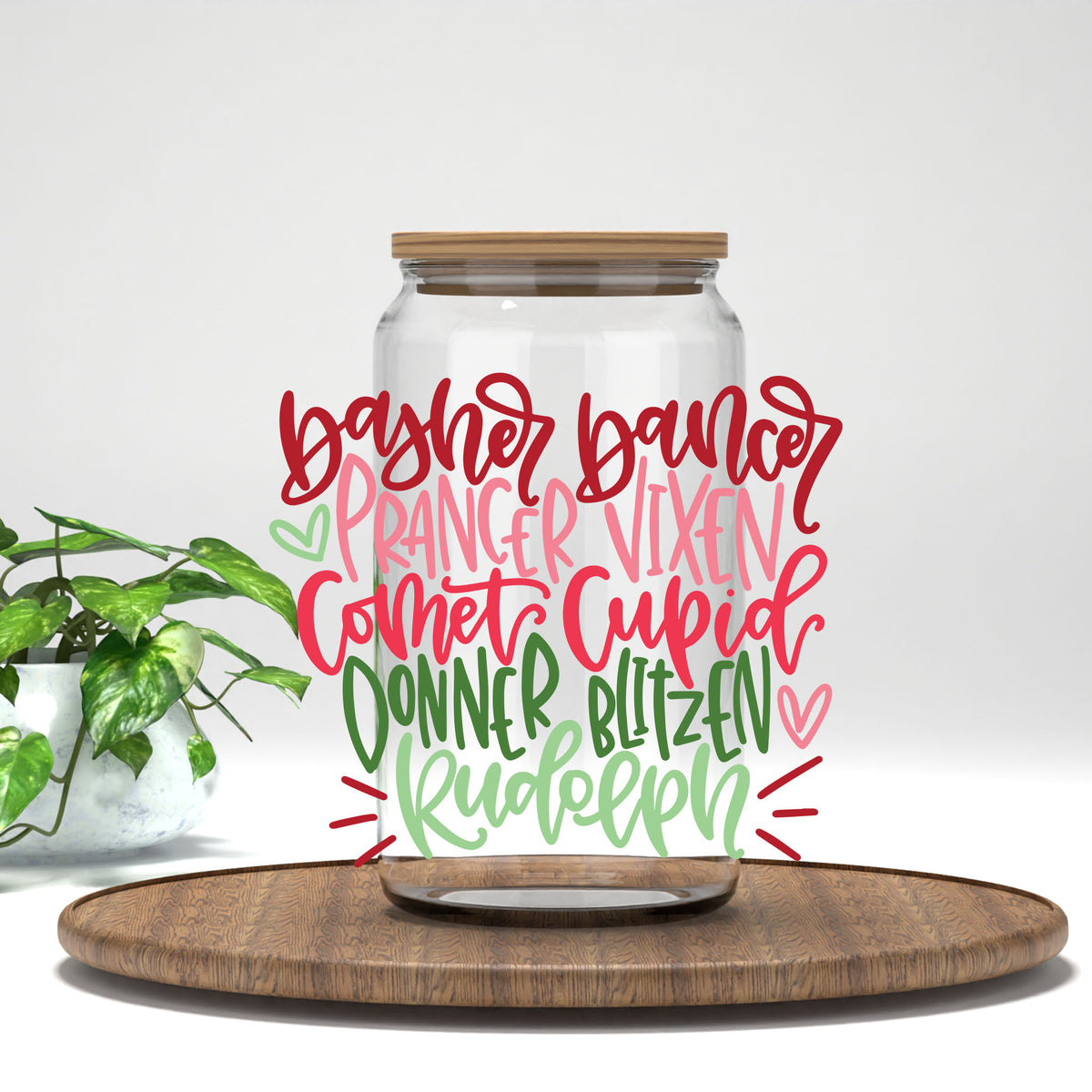 Reindeer Names UV DTF transfer on a clear glass can