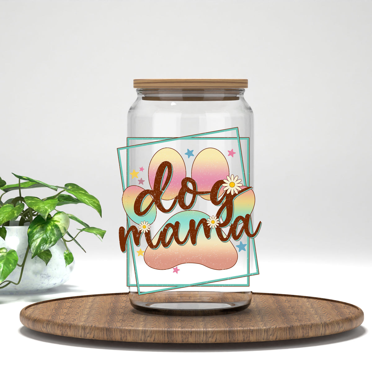 Dog Mama UV DTF transfer on a clear glass can