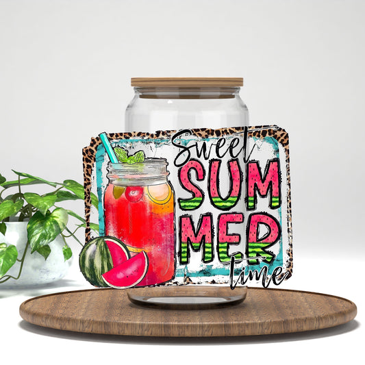 Sweet Summer Time UV DTF transfer on a clear glass can