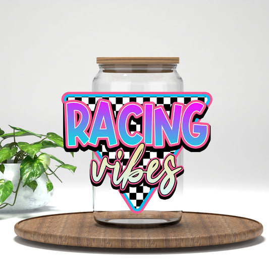 Racing Vibes UV DTF transfer on a clear glass can