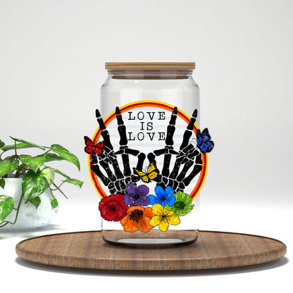Love Is Love UV DTF transfer on a clear glass can