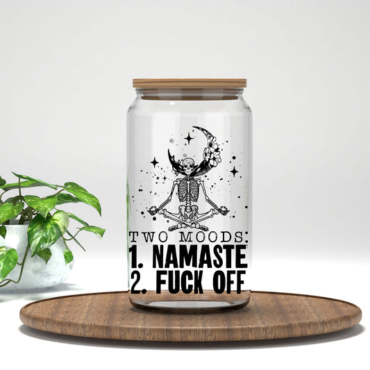 Two Moods Namaste and F*ck Off UV DTF transfer on a clear glass can