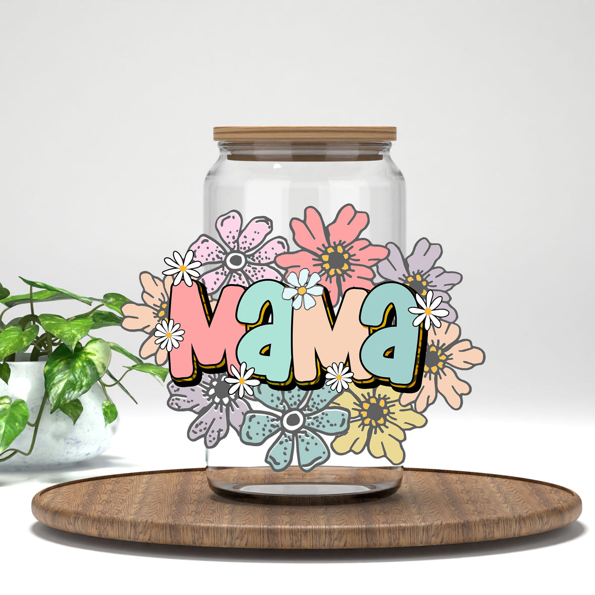 Mama pastel flowers UV DTF transfer on a clear glass can