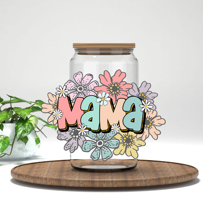 Mama pastel flowers UV DTF transfer on a clear glass can