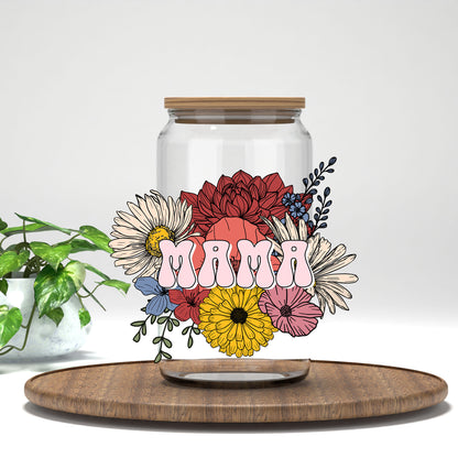 Mama pink letters and wildflowers UV DTF transfer on a clear glass can
