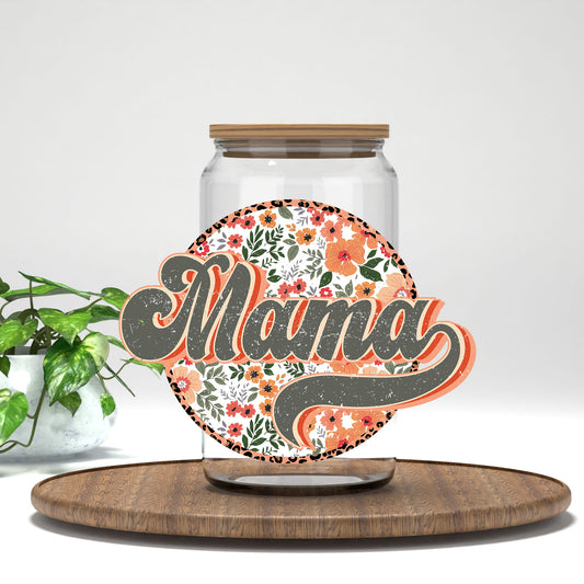 Mama retro floral circle UV DTF transfer on a clear glass can