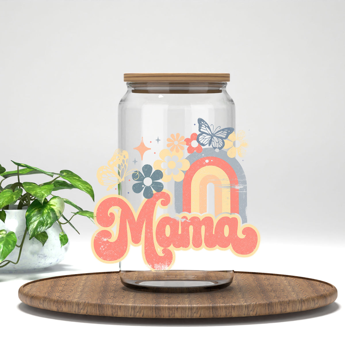 Mama pastel rainbow UV DTF transfer on a clear glass can