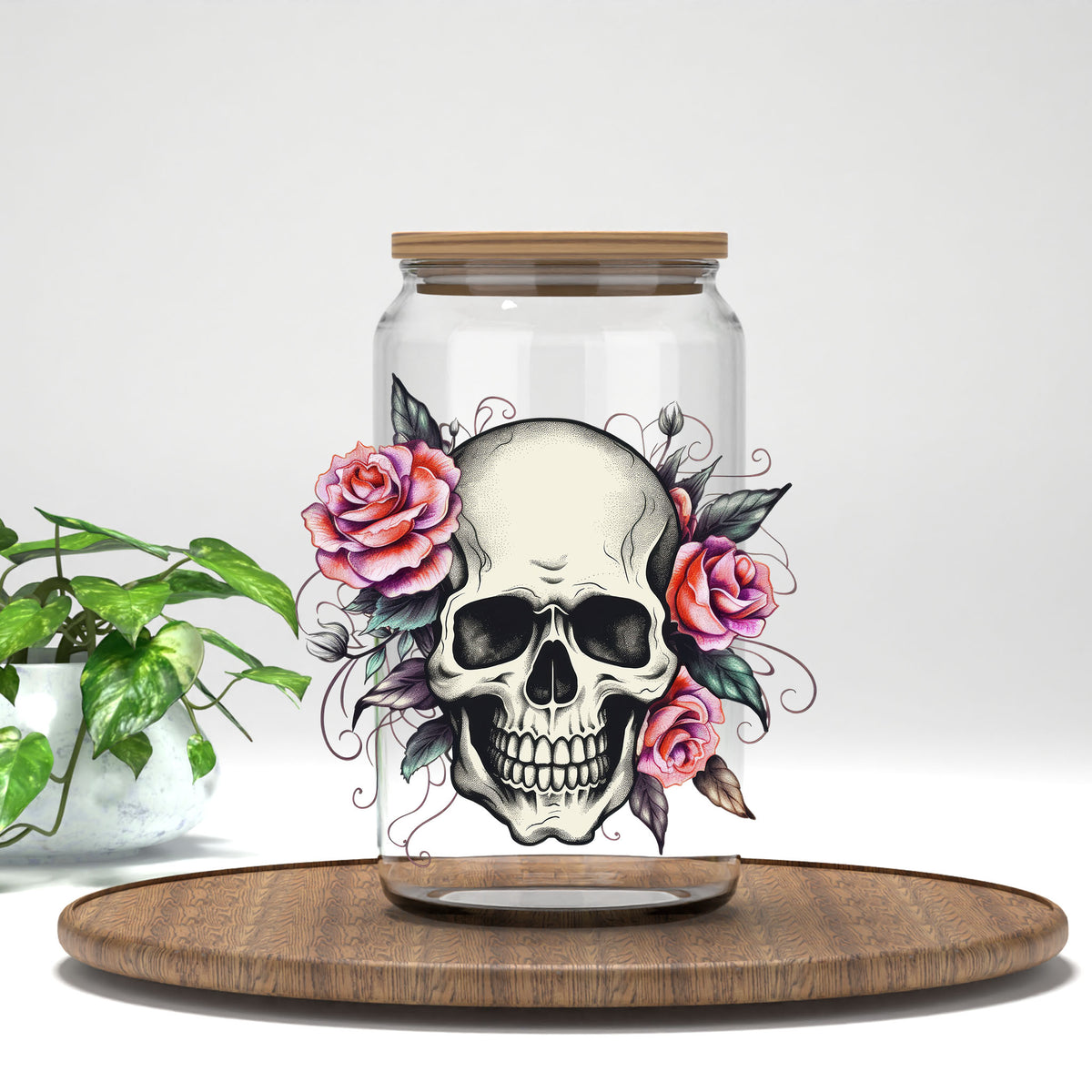 Pink Floral Skull UV DTF transfer on a clear glass can
