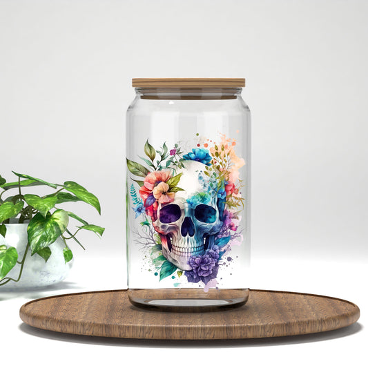 Watercolor Floral Skull UV DTF transfer on a clear glass can