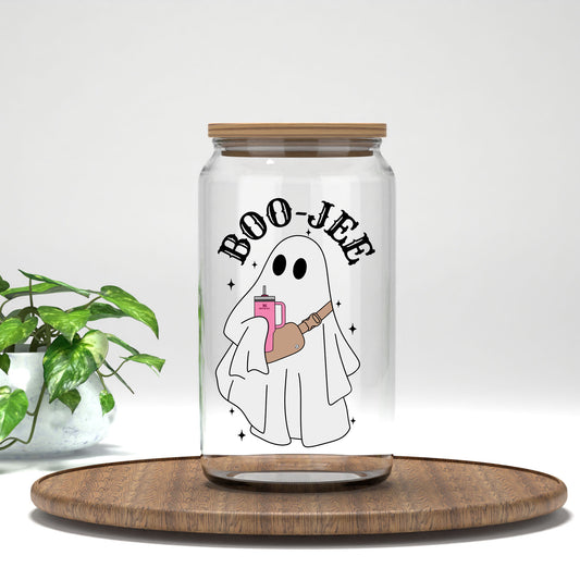 Boo-Jee UV DTF transfer on a clear glass can