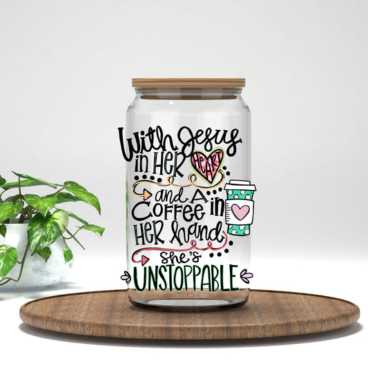 With Jesus in Her Heart and Coffee in Her Hand UV DTF transfer on a clear glass can