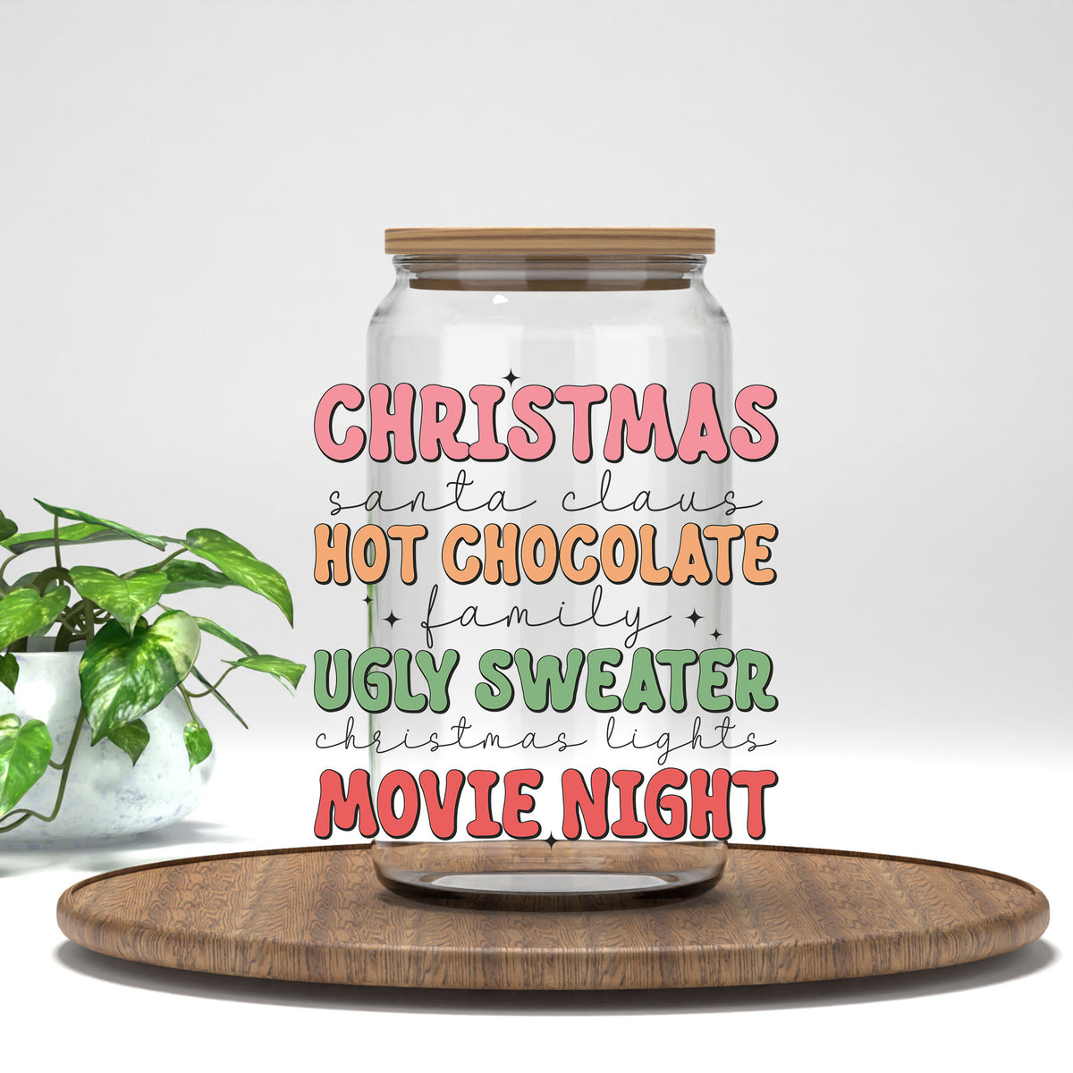 Christmas Hot Chocolate UV DTF transfer on a clear glass can