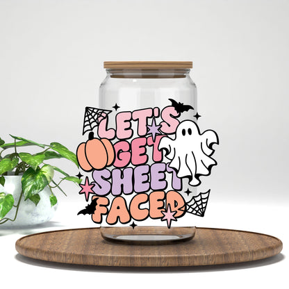 Let's Get Sheet Faced UV DTF transfer on a clear glass can