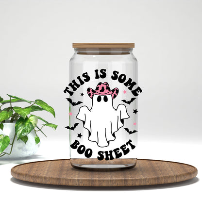 This Is Some Boo Sheet UV DTF transfer on a clear glass can