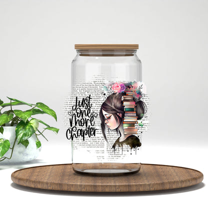 Just One More Chapter reader and books UV DTF transfer on a clear glass can