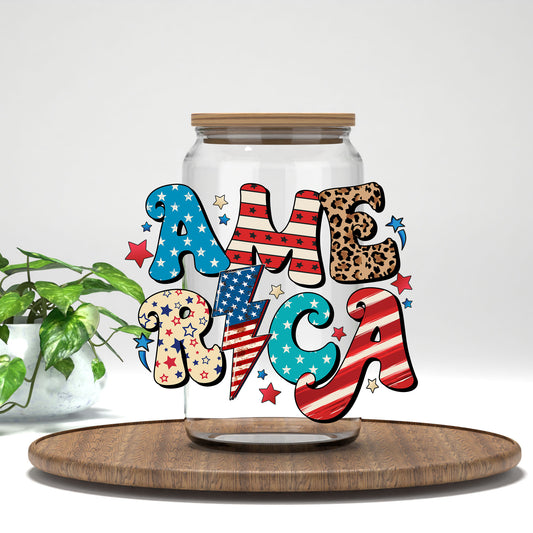 America UV DTF transfer on a clear glass can