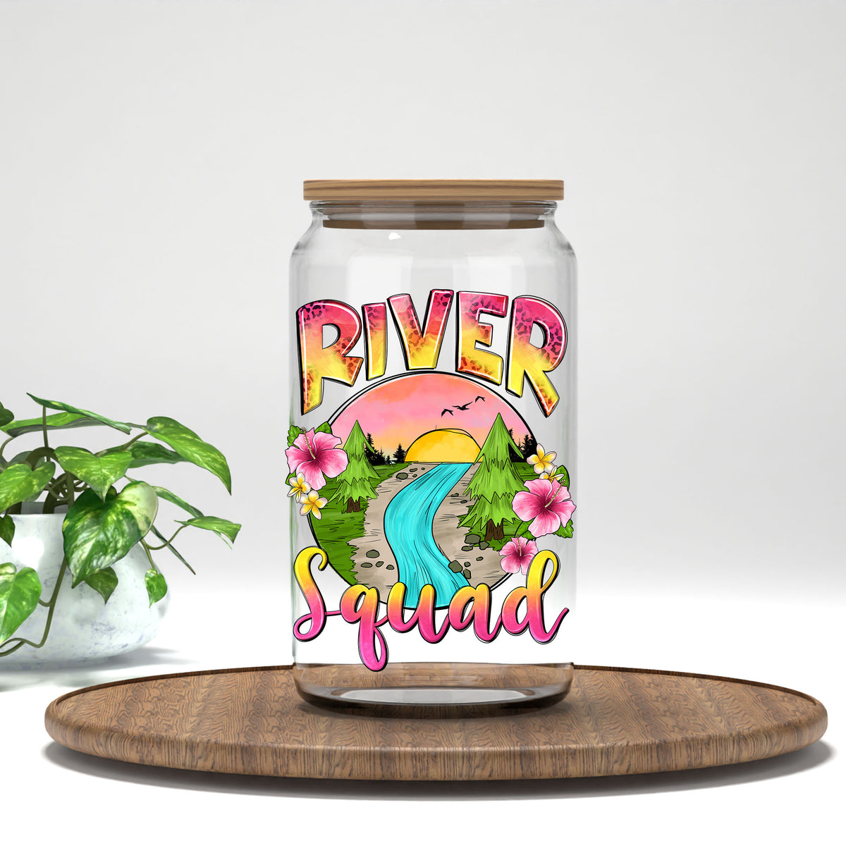 River Squad UV DTF transfer on a clear glass can
