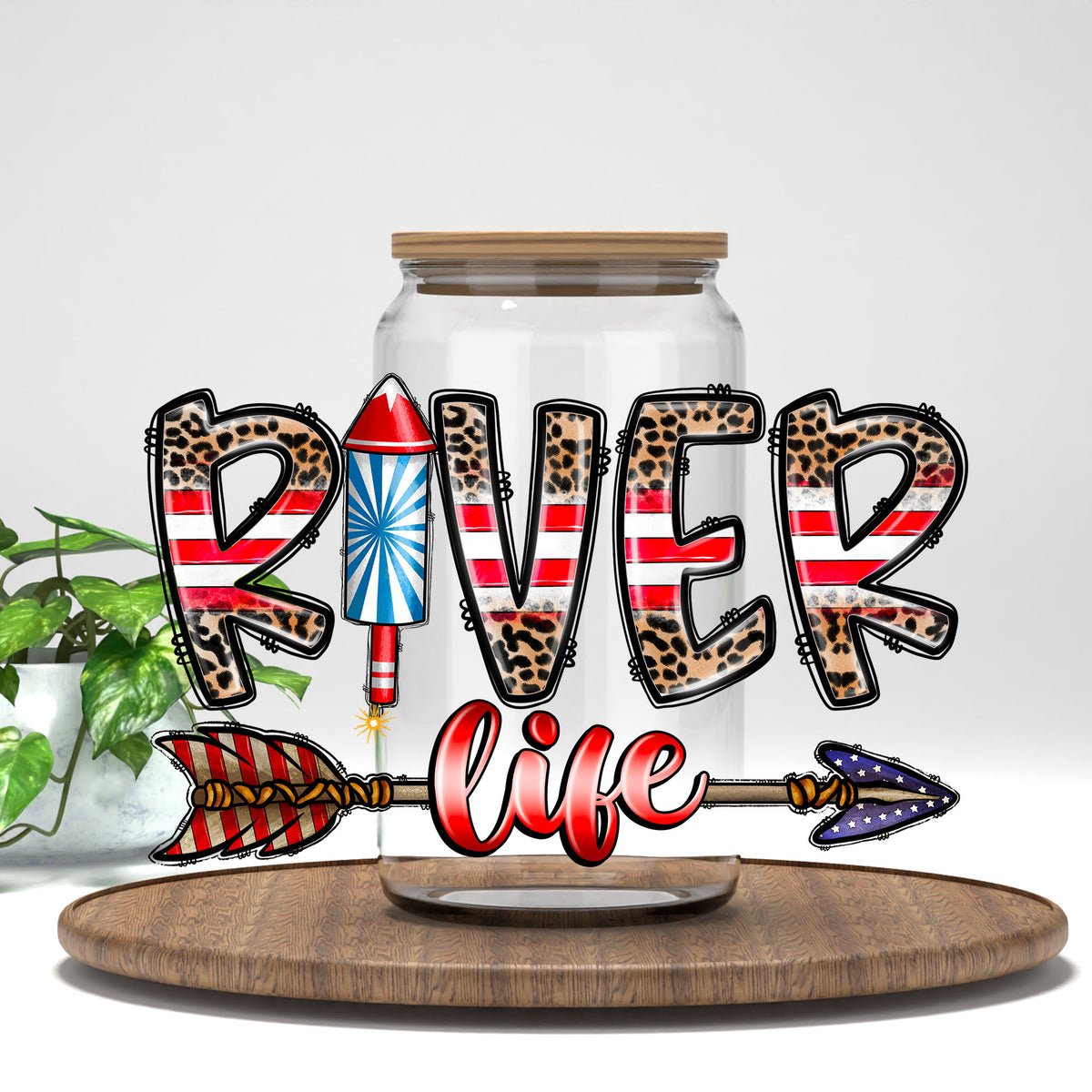 River Life patriotic stripes UV DTF transfer on a clear glass can