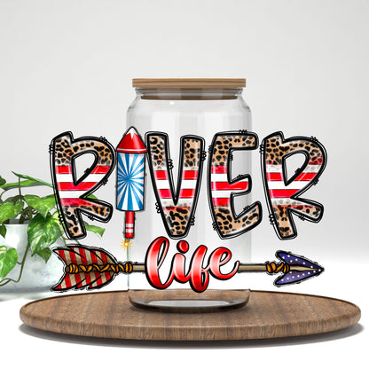 River Life patriotic stripes UV DTF transfer on a clear glass can