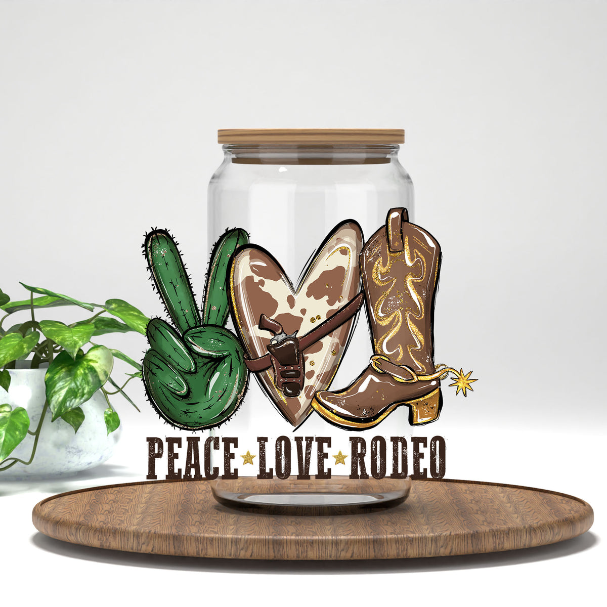 Peace Love Rodeo UV DTF transfer on a clear glass can