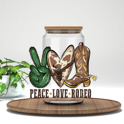 Peace Love Rodeo UV DTF transfer on a clear glass can