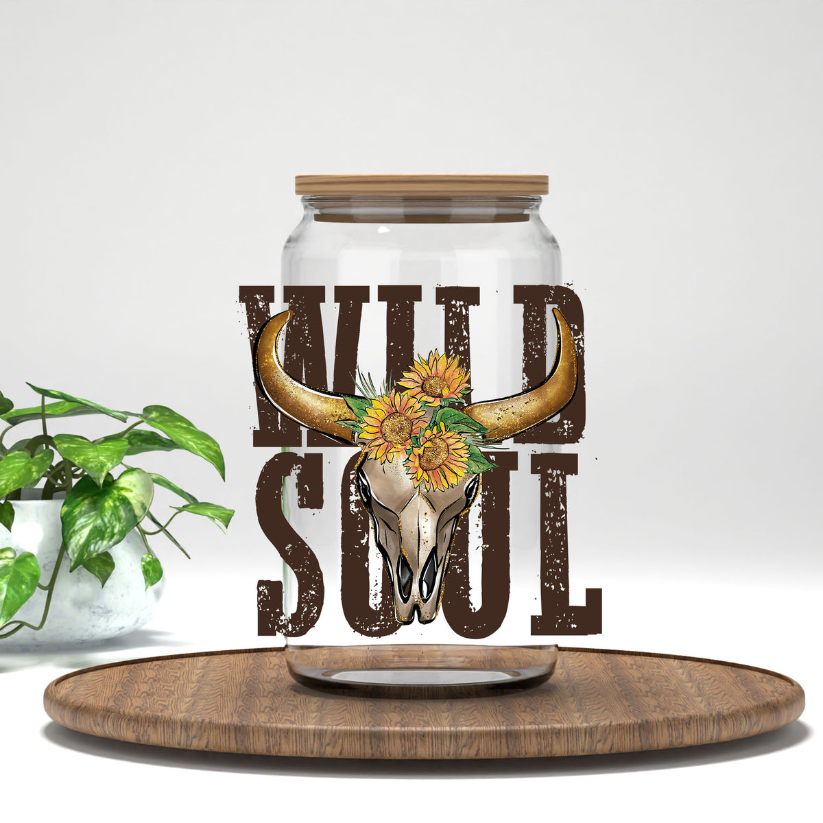 Wild Soul UV DTF transfer on a clear glass can