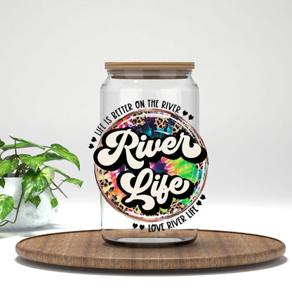 River Life leopard tie dye circle UV DTF transfer on a clear glass can