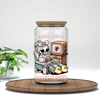 Murder Shows and Comfy Clothes UV DTF transfer on a clear glass can