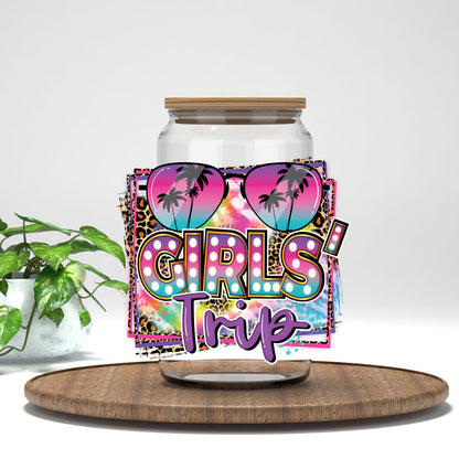 Girls Trip UV DTF transfer on a clear glass can