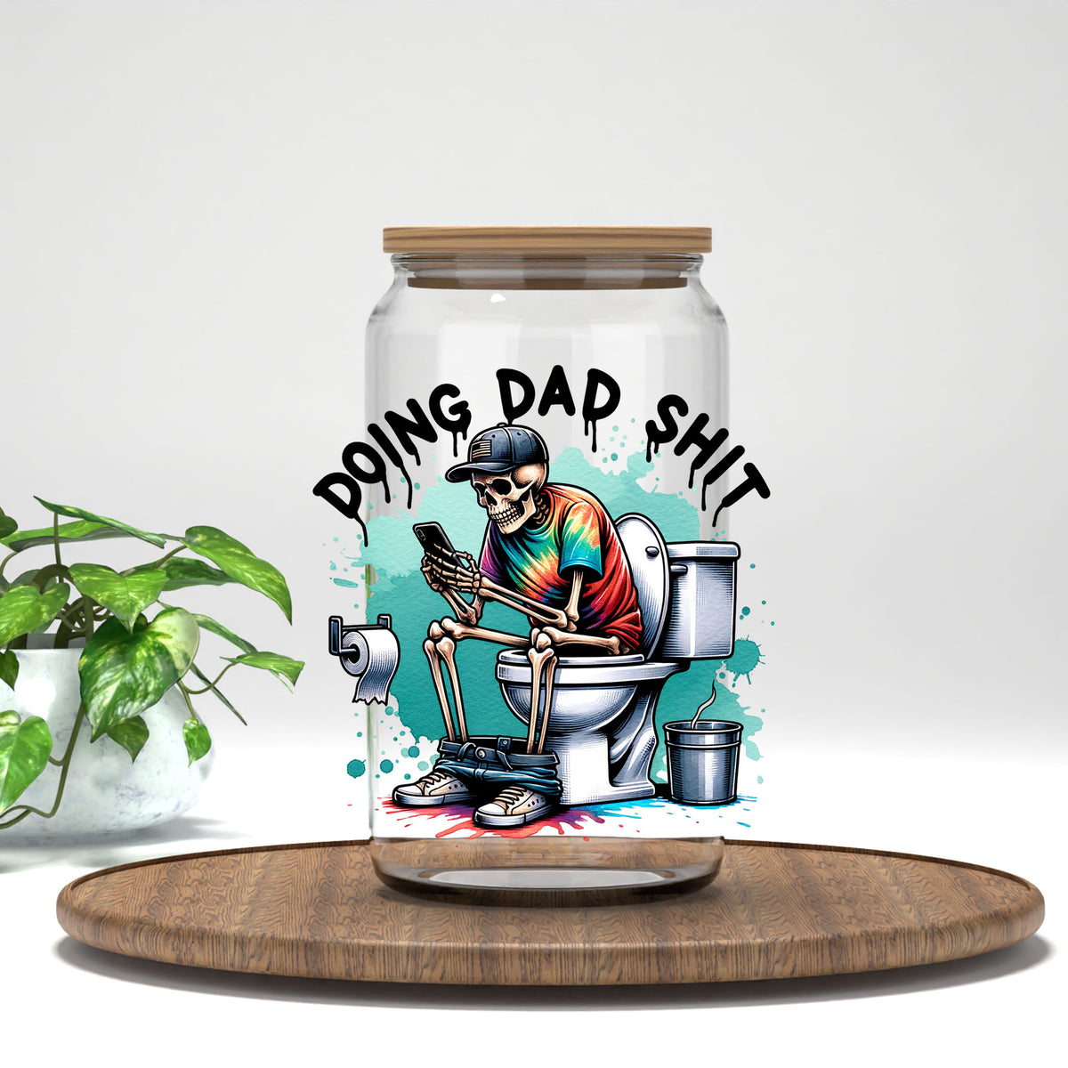 Doing Dad Sh*t UV DTF transfer on a clear glass can
