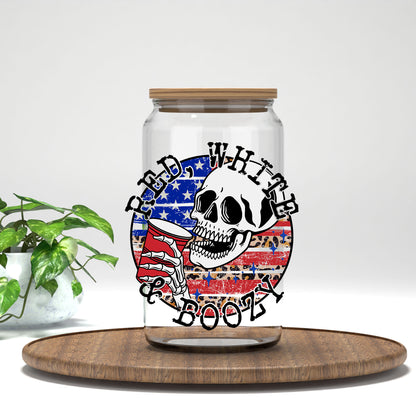 Red White and Boozy UV DTF transfer on a clear glass can