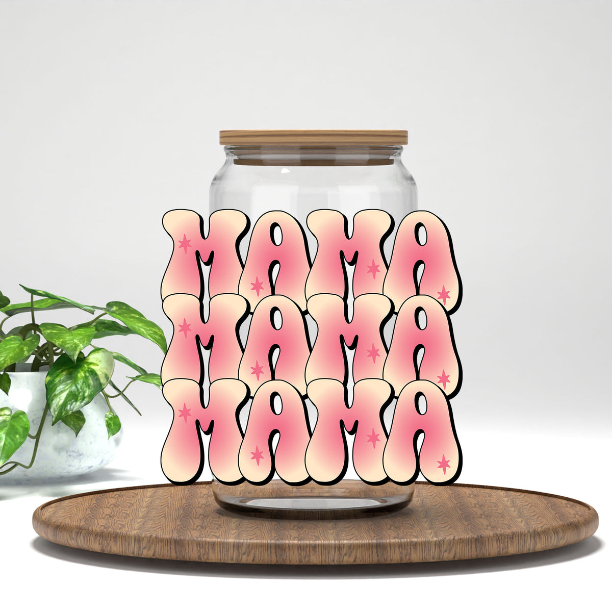 Mama pink retro stack UV DTF transfer on a clear glass can