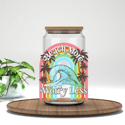 Beach More Worry Less retro rainbow wave UV DTF transfer on a clear glass can