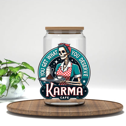 Karma Cafe UV DTF transfer on a clear glass can