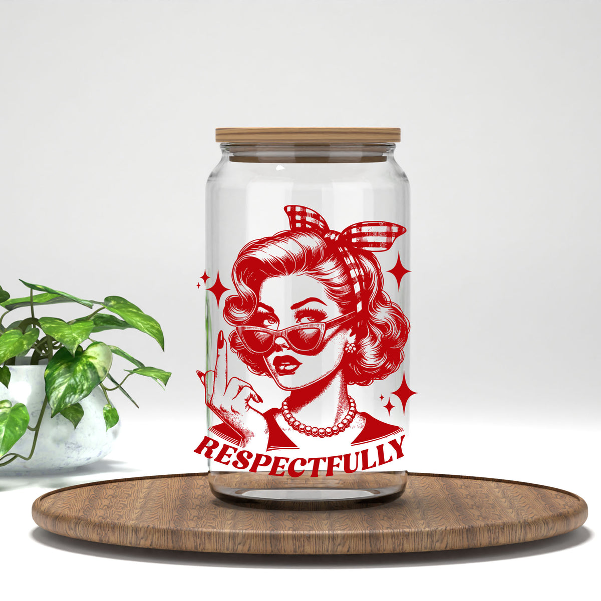 Respectfully UV DTF transfer on a clear glass can