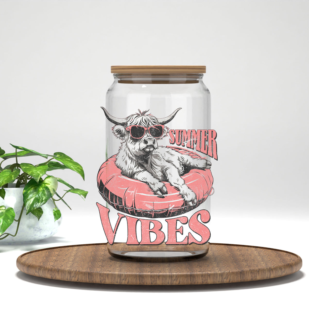 Summer Vibes highland calf in sunglasses UV DTF transfer on a clear glass can
