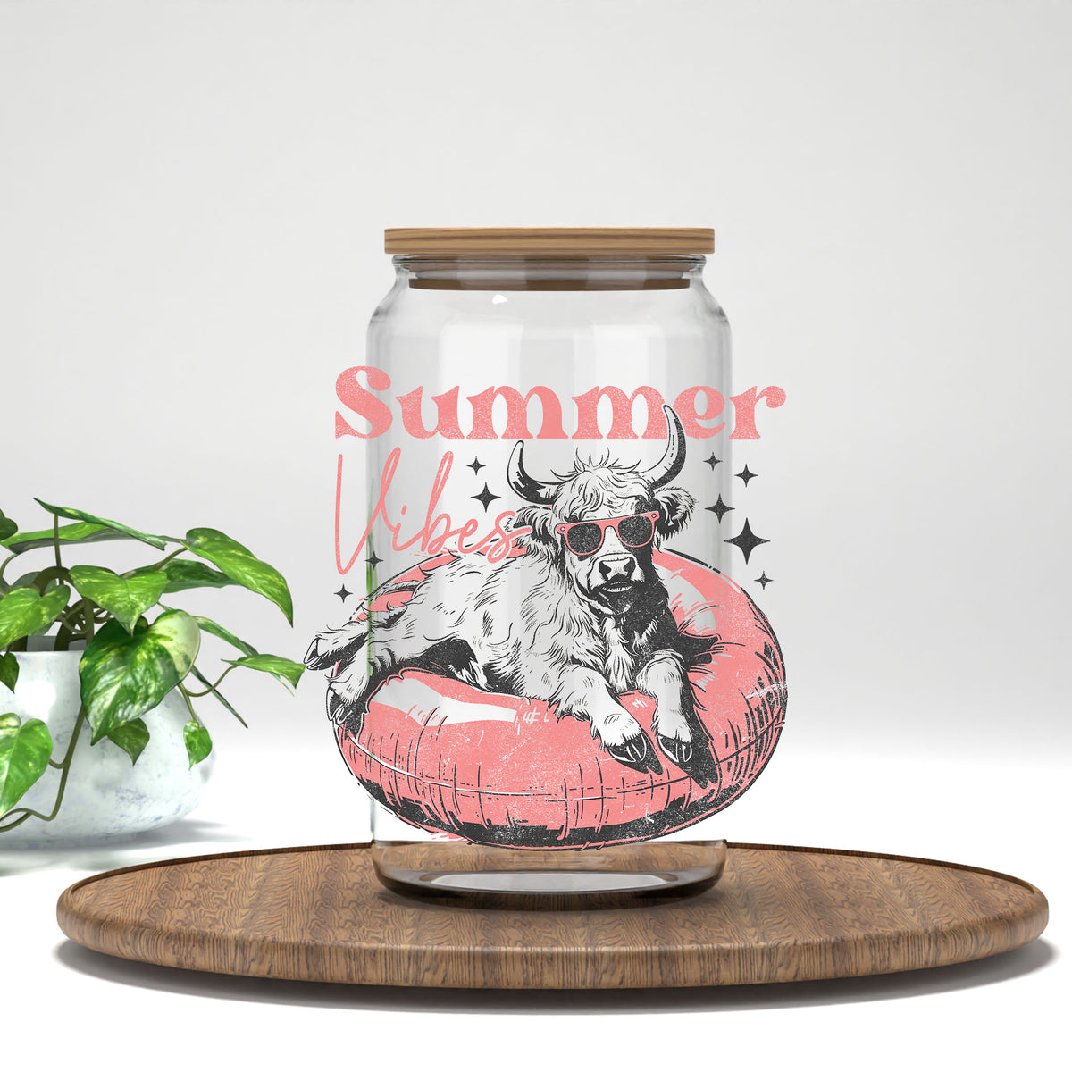 Summer Vibes highland cow and stars UV DTF transfer on a clear glass can