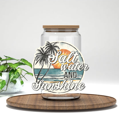Salt Water and Sunshine retro sunset circle UV DTF transfer on a clear glass can