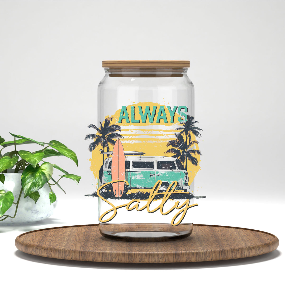 Always Salty beach van UV DTF transfer on a clear glass can