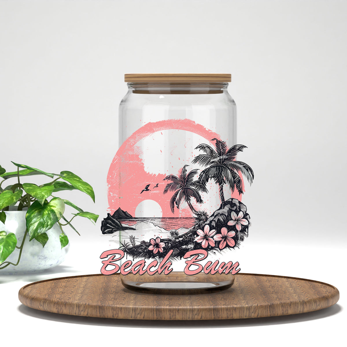 Beach Bum UV DTF transfer on a clear glass can