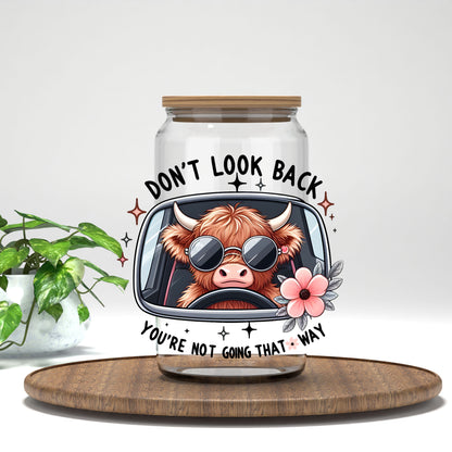 Don't Look Back UV DTF transfer on a clear glass can
