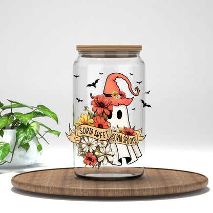Sorta Sweet Sorta Spooky ghost in a witch hat UV DTF transfer on a clear glass can