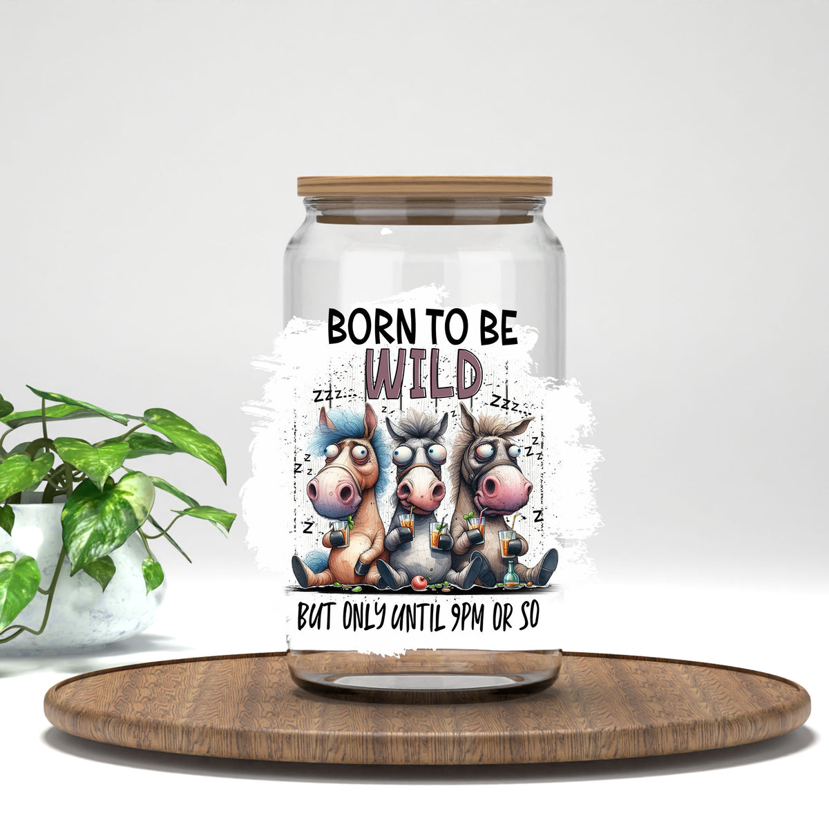 Born to Be Wild UV DTF transfer on a clear glass can